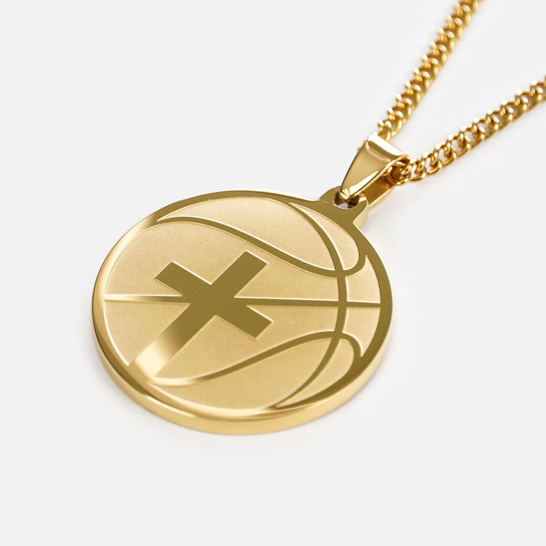Basketball Faith Cross Pendant with Chain Kids Necklace - Gold Plated Stainless Steel