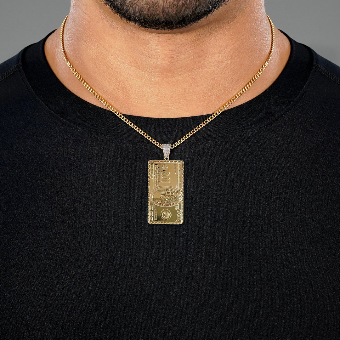 Big Money Benjamin 2" Pendant with Chain Necklace - Gold Plated Stainless Steel