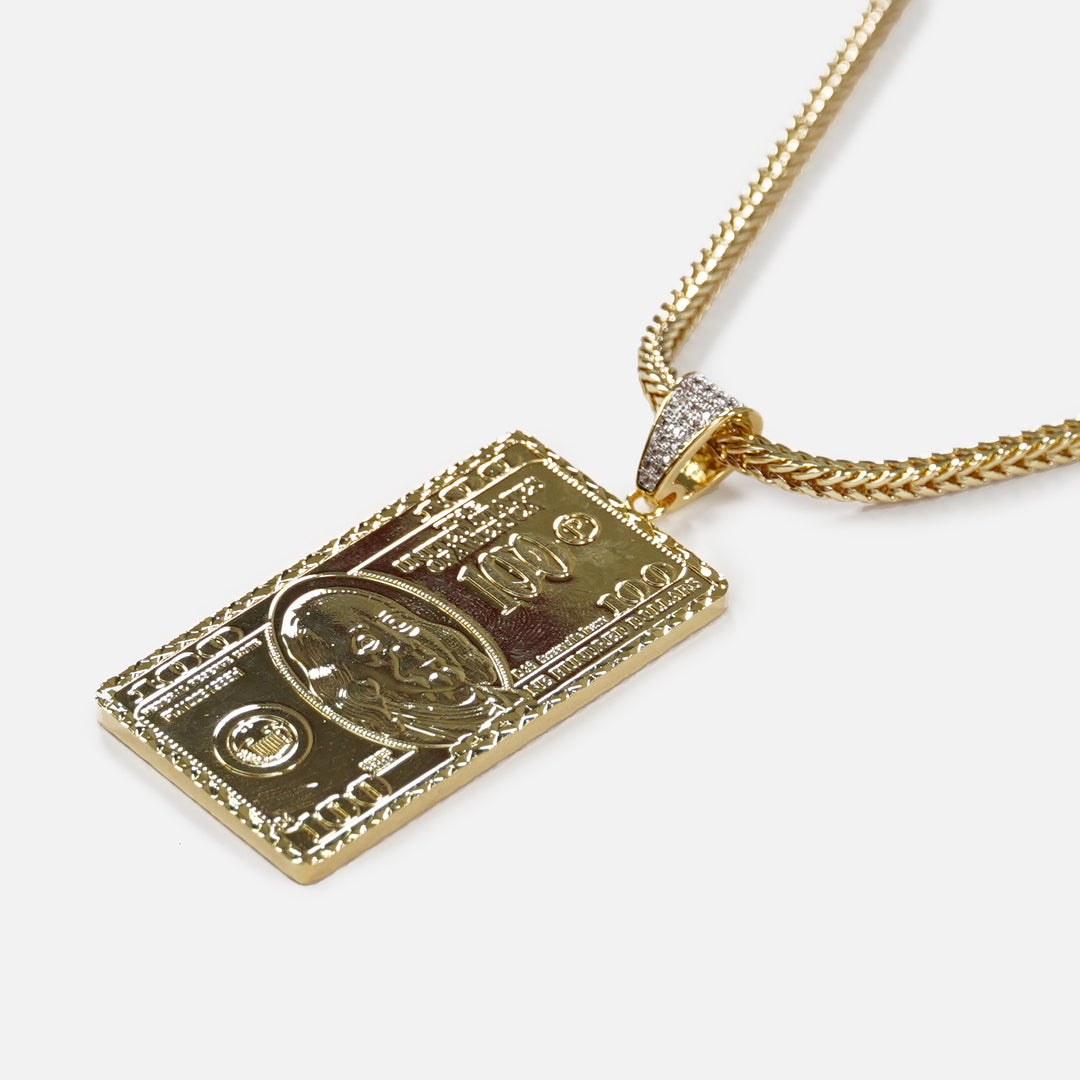 Big Money Benjamin 2" Pendant with Chain Necklace - Gold Plated Stainless Steel