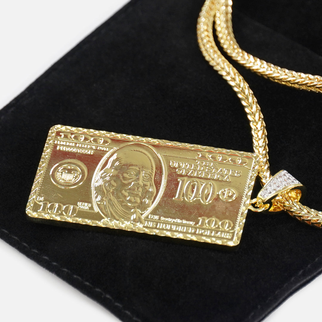 Big Money Benjamin 2" Pendant with Chain Necklace - Gold Plated Stainless Steel