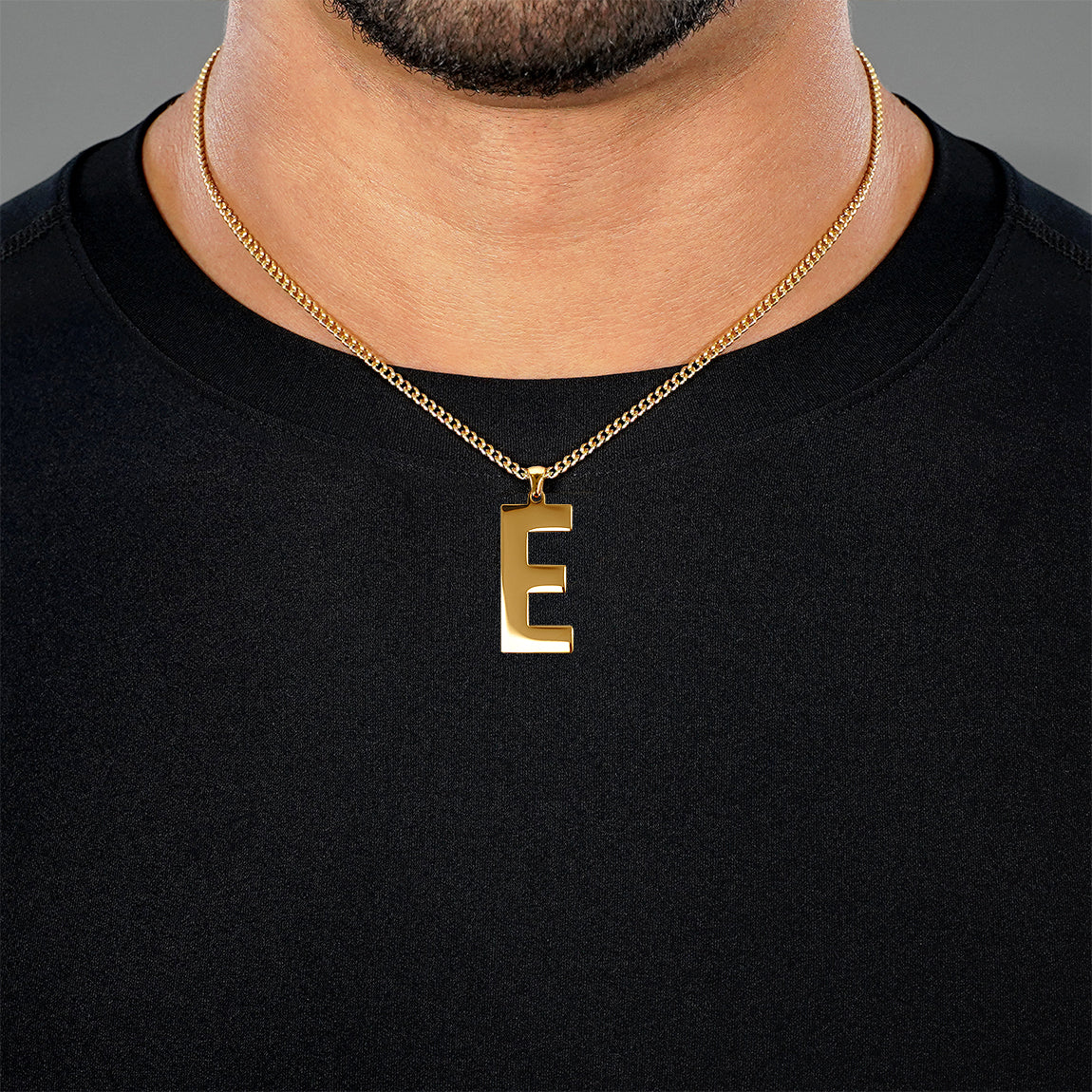 E Letter Pendant with Chain Necklace - Gold Plated Stainless Steel