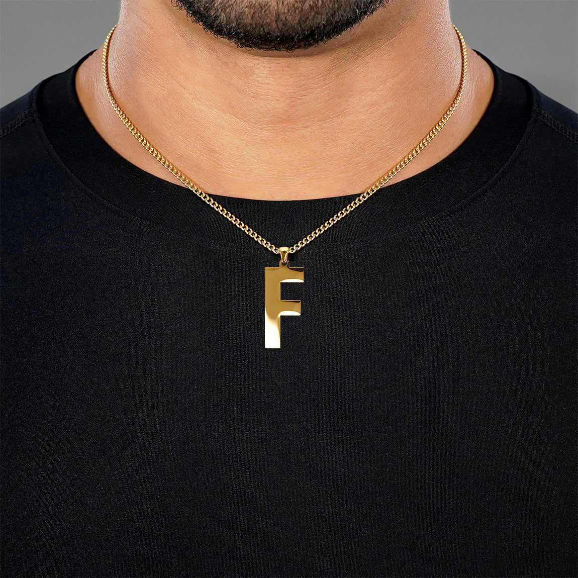 F Letter Pendant with Chain Necklace - Gold Plated Stainless Steel
