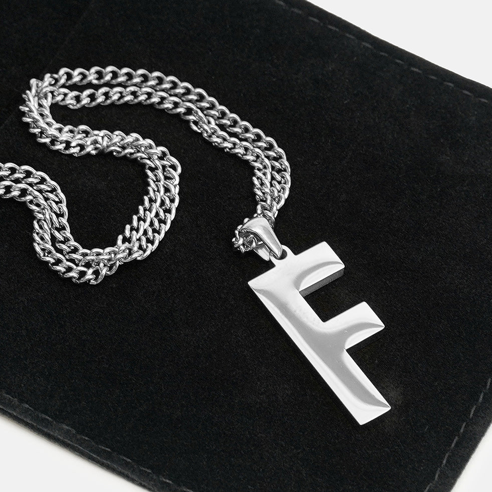 F Letter Pendant with Chain Necklace - Stainless Steel
