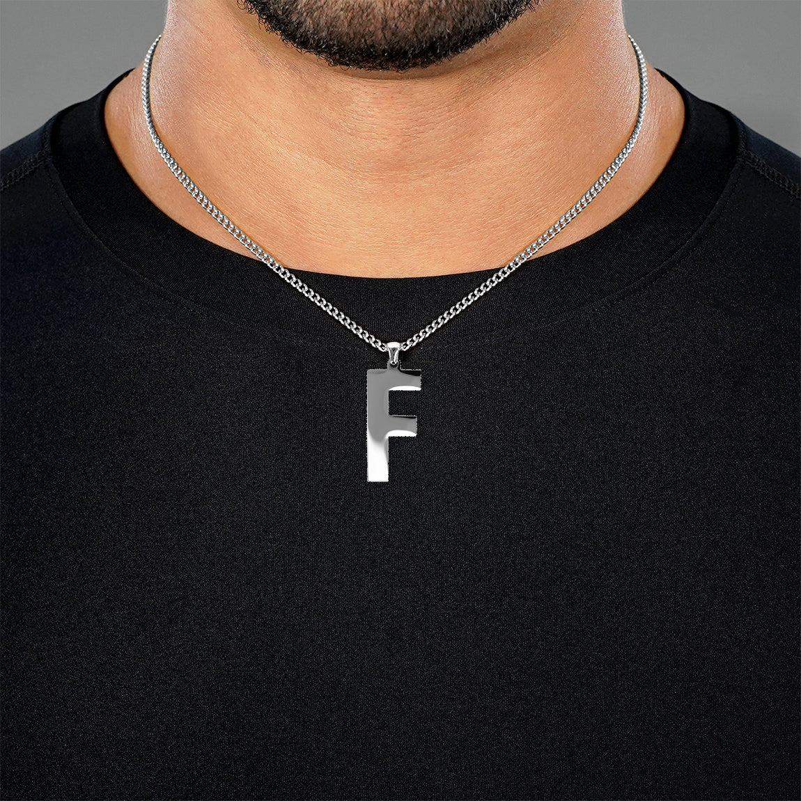F Letter Pendant with Chain Necklace - Stainless Steel