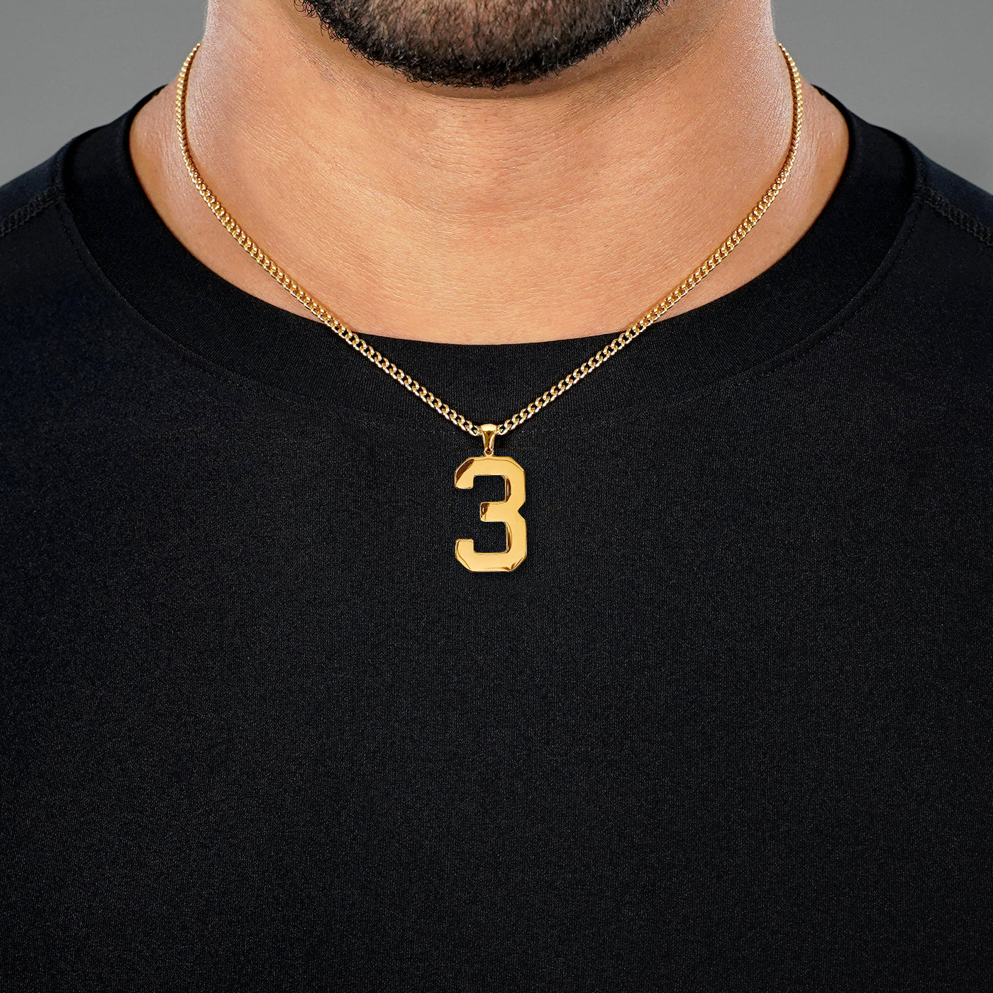 3 Number Pendant with Chain Necklace - Gold Plated Stainless Steel