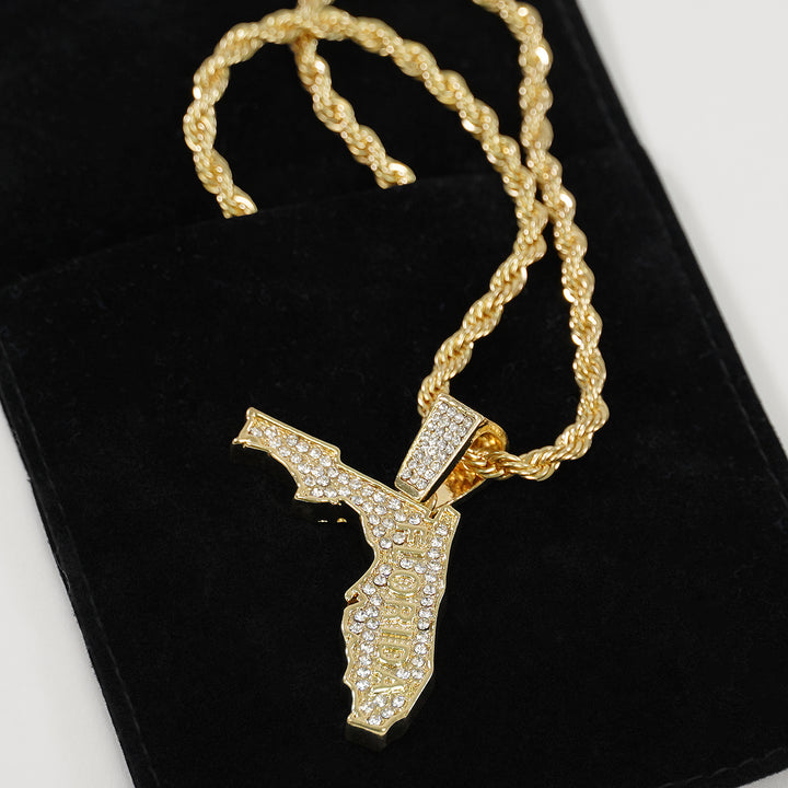 Golden Florida State Pendant with 2mm Rope Chain Necklace
