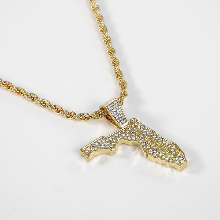 Golden Florida State Pendant with 2mm Rope Chain Necklace