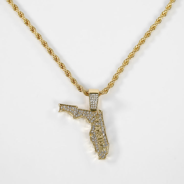 Golden Florida State Pendant with 2mm Rope Chain Necklace