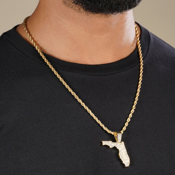 Golden Florida State Pendant with 2mm Rope Chain Necklace