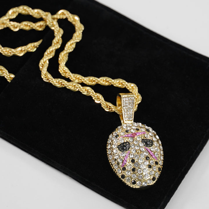 Golden Hockey Mask Pendant with 3mm Rope Chain Necklace