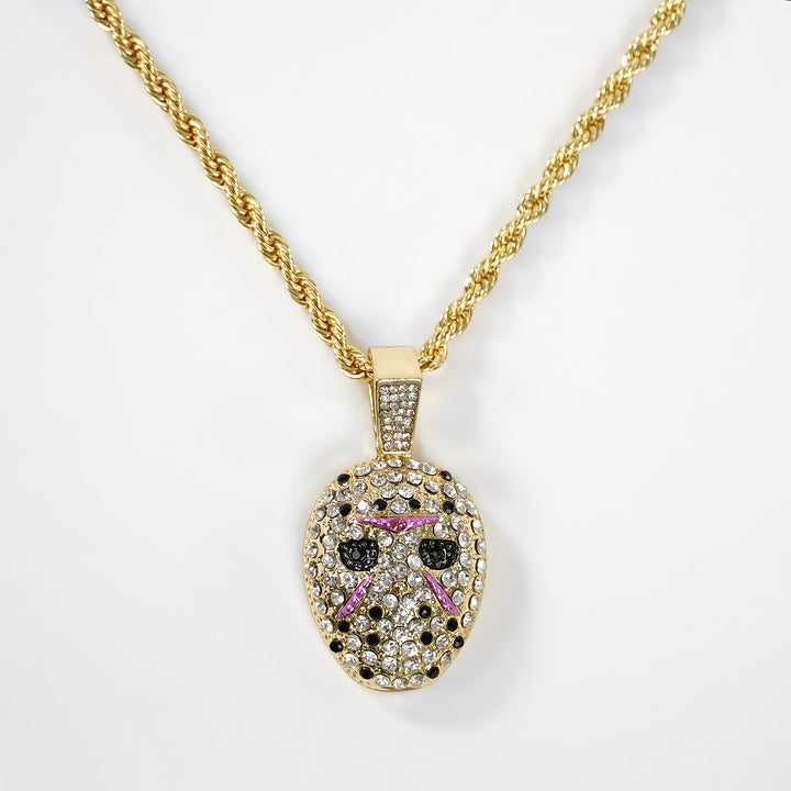Golden Hockey Mask Pendant with 3mm Rope Chain Necklace