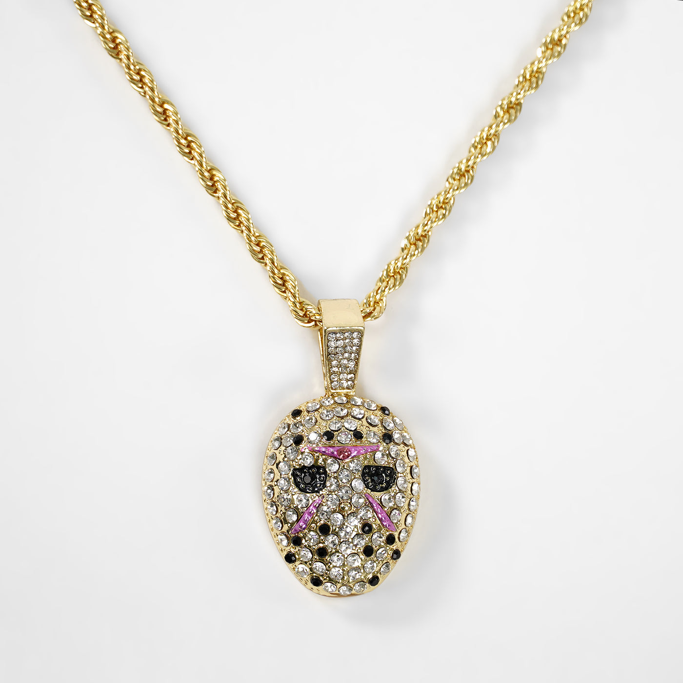 Golden Hockey Mask Pendant with 3mm Rope Chain Necklace