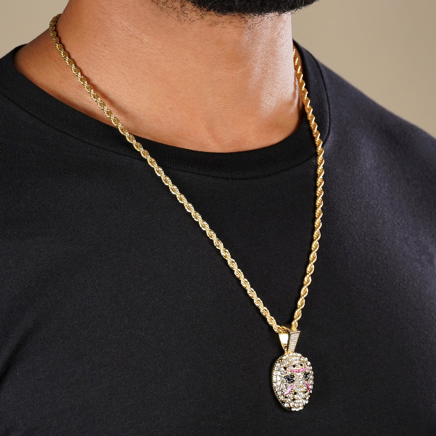 Golden Hockey Mask Pendant with 3mm Rope Chain Necklace