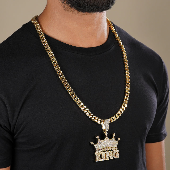 Golden King Crown Pendant with 10mm Cuban Link Chain Necklace