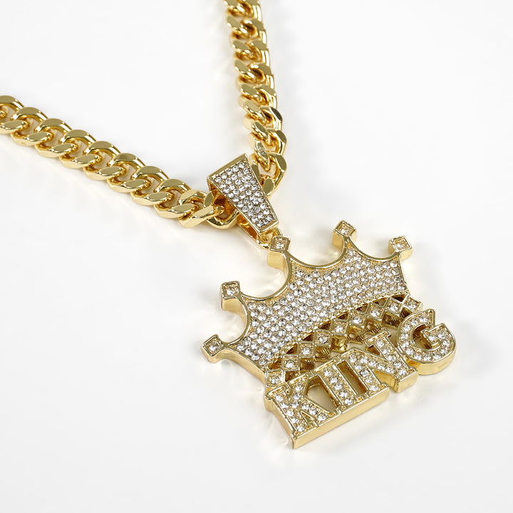 Golden King Crown Pendant with 10mm Cuban Link Chain Necklace