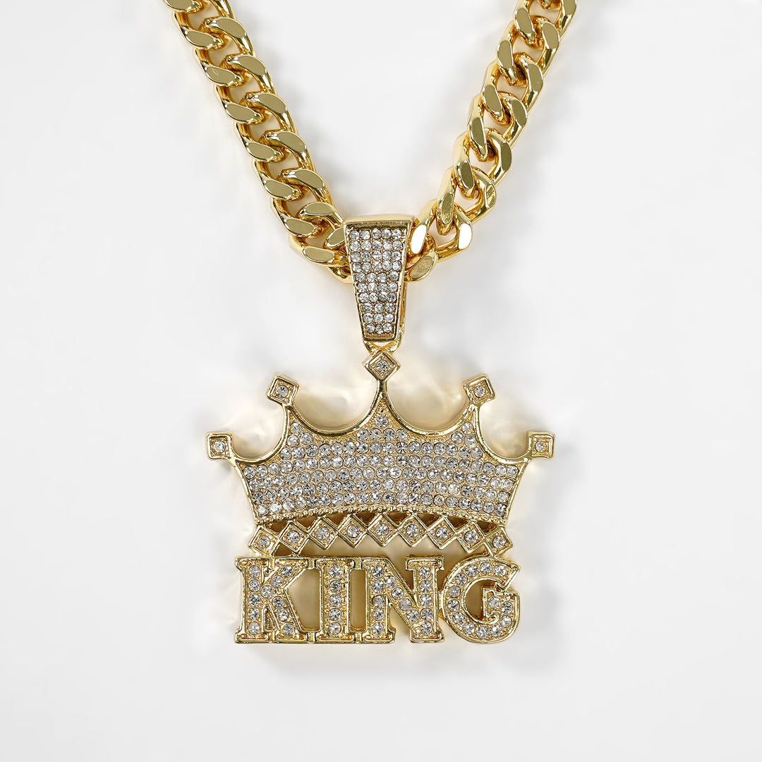 Golden King Crown Pendant with 10mm Cuban Link Chain Necklace