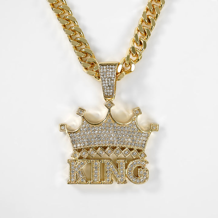 Golden King Crown Pendant with 10mm Cuban Link Chain Necklace