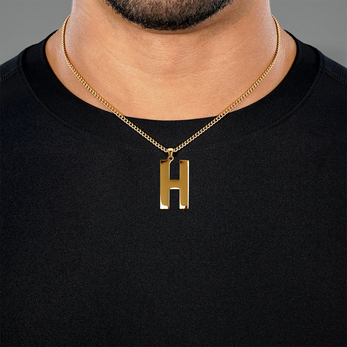 H Letter Pendant with Chain Necklace - Gold Plated Stainless Steel
