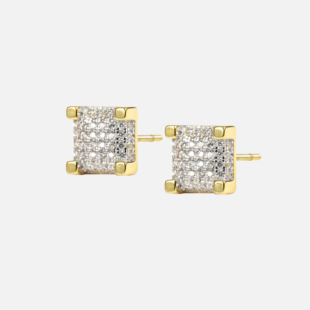 Iced Out Box 8mm Earrings Yellow Gold Sterling Silver