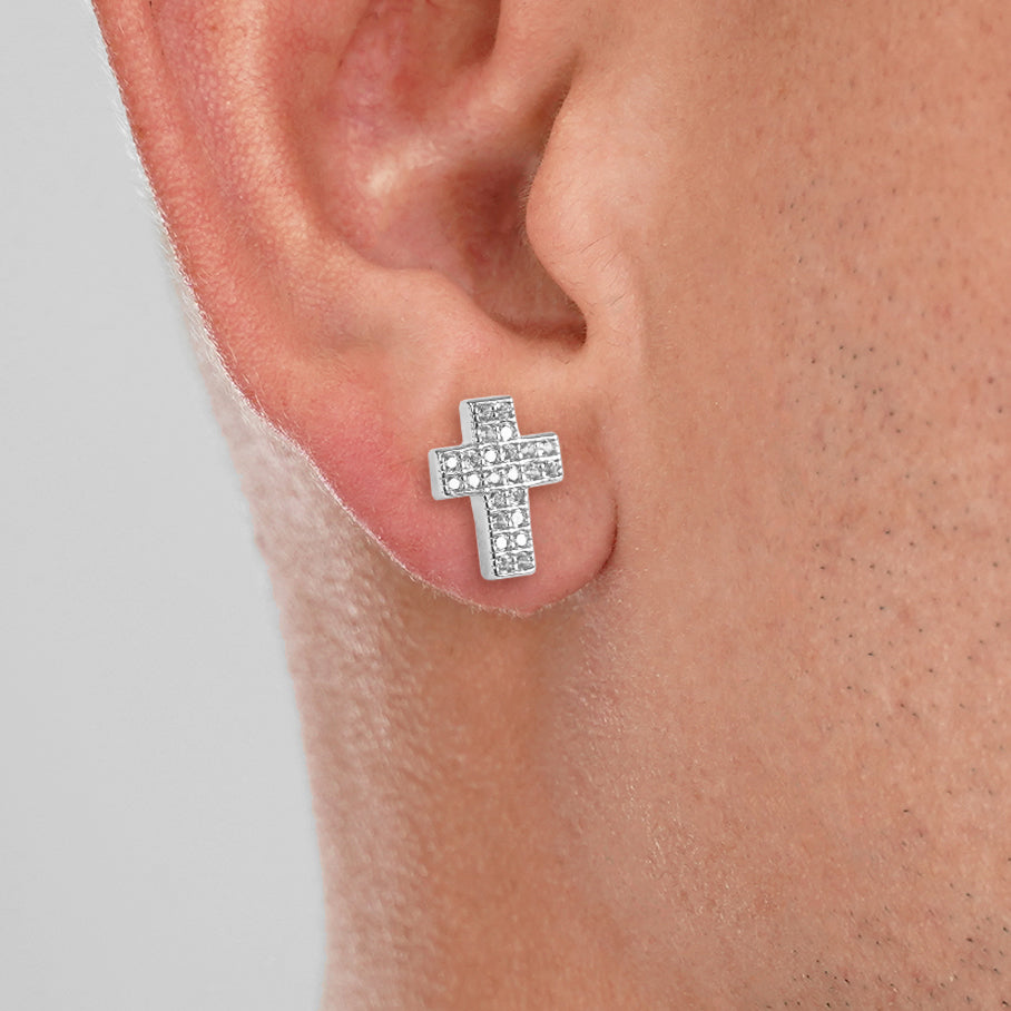 Iced Out Cross 10mm Earrings Sterling Silver