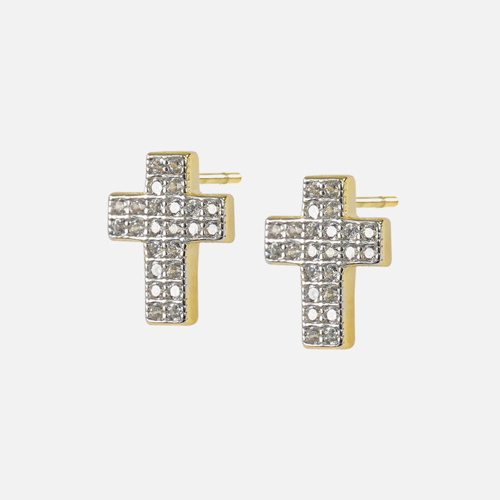 Iced Out Cross 10mm Earrings Yellow Gold Sterling Silver