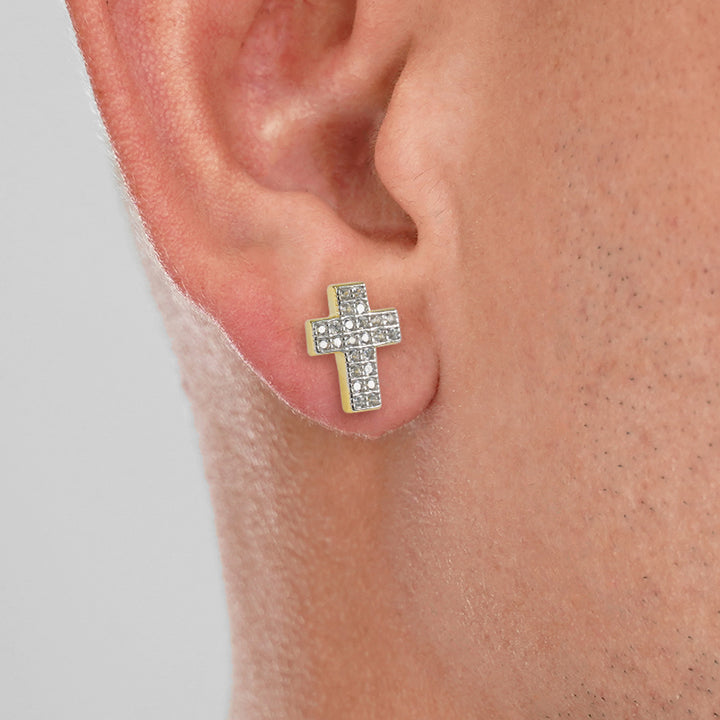 Iced Out Cross 10mm Earrings Yellow Gold Sterling Silver