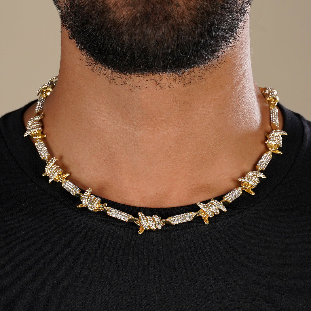 Iced Out Golden Barbed Wire Chain Necklace (18 inches)