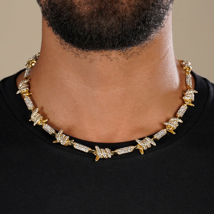 Iced Out Golden Barbed Wire Chain Necklace (18 inches)
