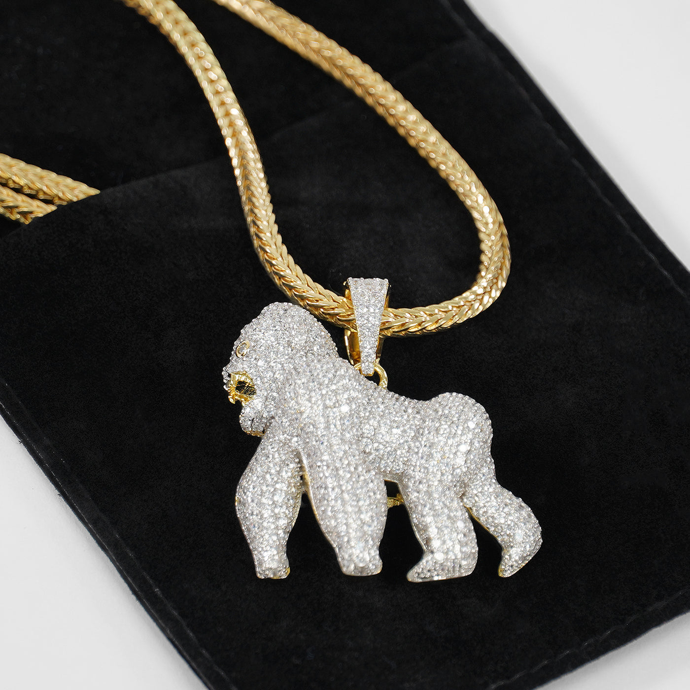 thumbnail interactive-video image 1 of HarlemBling Solid 925 Sterling Silver Gorilla Pendant – 14k Gold Plated, Iced CZ Stones, Made In Italy 1 of 6