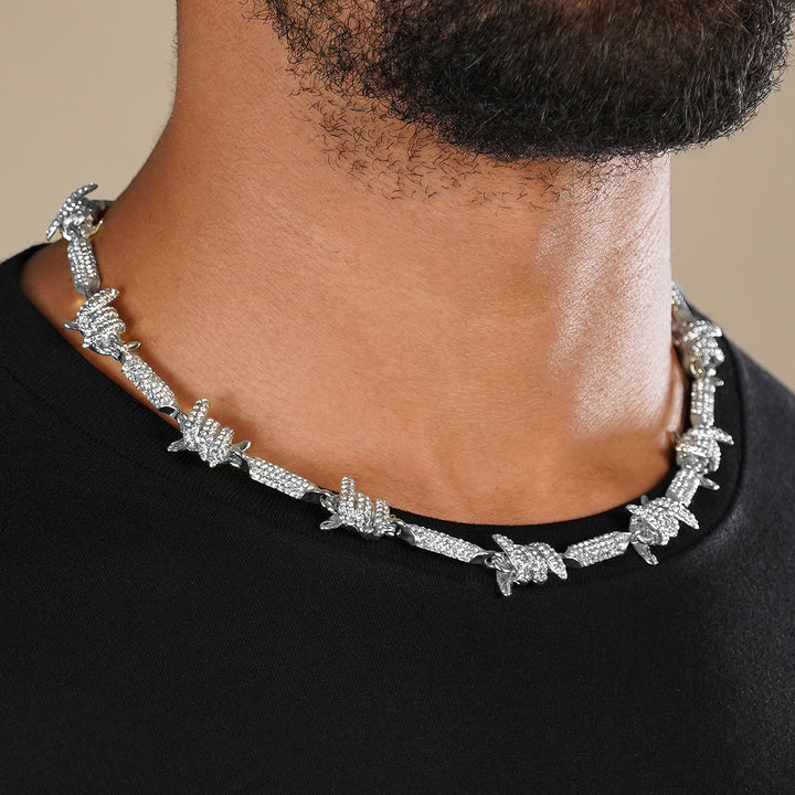 Iced Out Silver Barbed Wire Chain Necklace (18 inches)