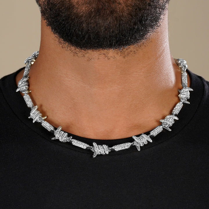 Iced Out Silver Barbed Wire Chain Necklace (18 inches)