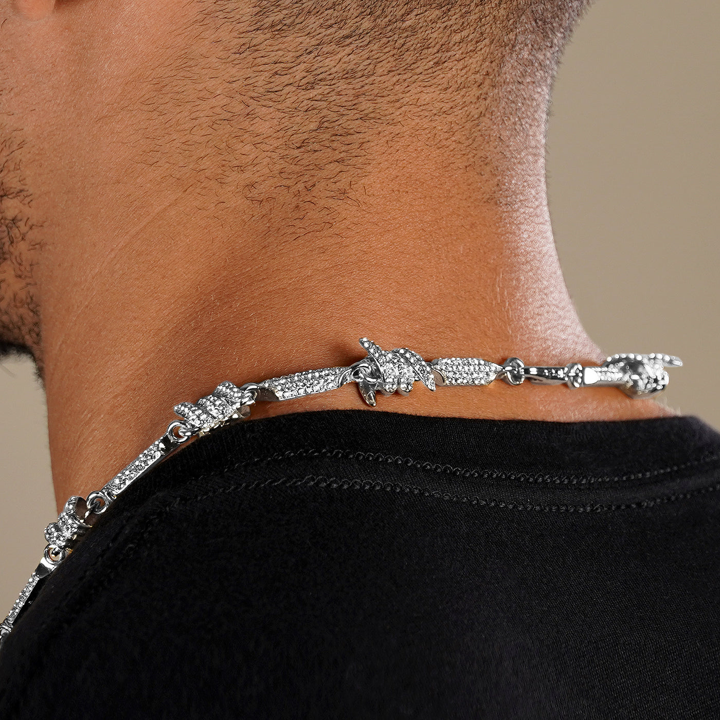 Iced Out Silver Barbed Wire Chain Necklace (24 inches)