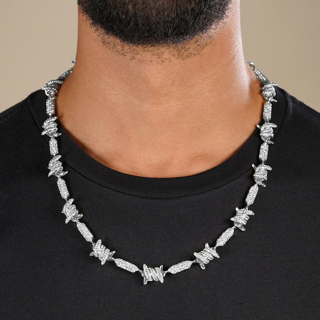 Iced Out Silver Barbed Wire Chain Necklace (24 inches)