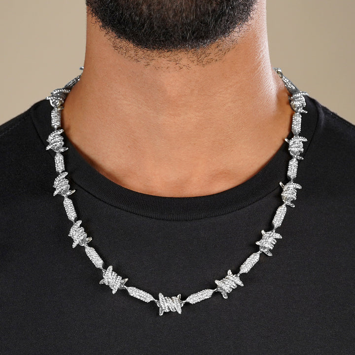 Iced Out Silver Barbed Wire Chain Necklace (24 inches)