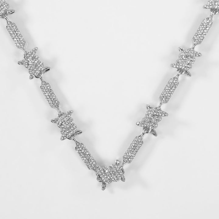 Iced Out Silver Barbed Wire Chain Necklace (24 inches)