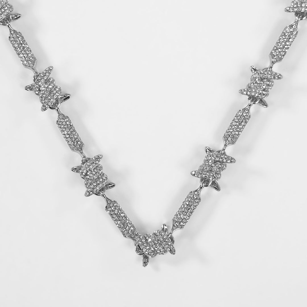 Iced Out Silver Barbed Wire Chain Necklace (18 inches)