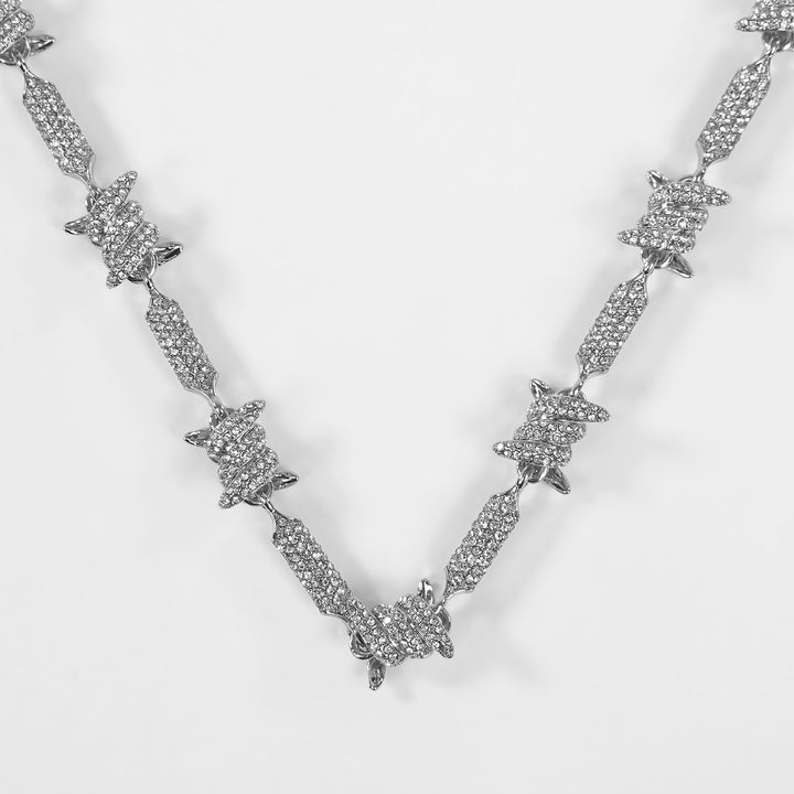 Iced Out Silver Barbed Wire Chain Necklace (18 inches)