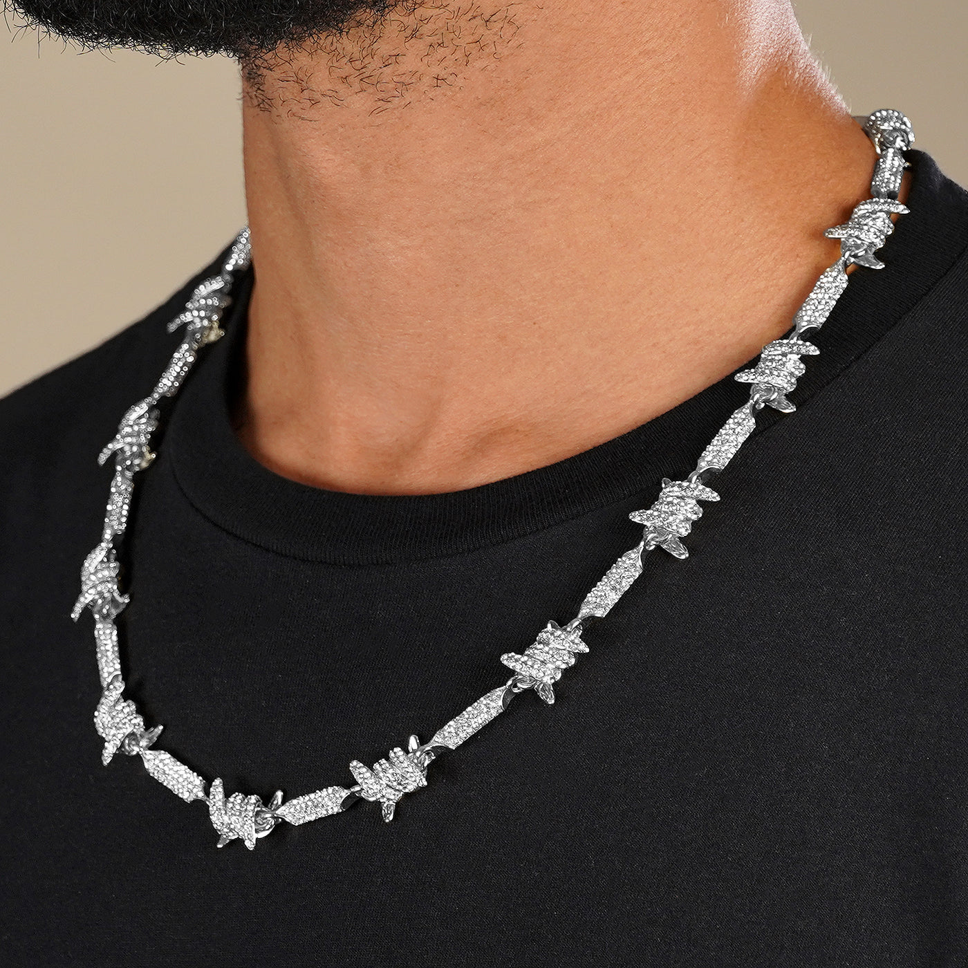 Iced Out Silver Barbed Wire Chain Necklace (24 inches)