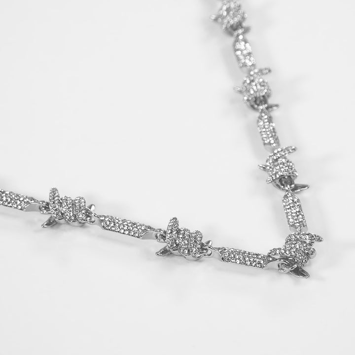 Iced Out Silver Barbed Wire Chain Necklace (24 inches)