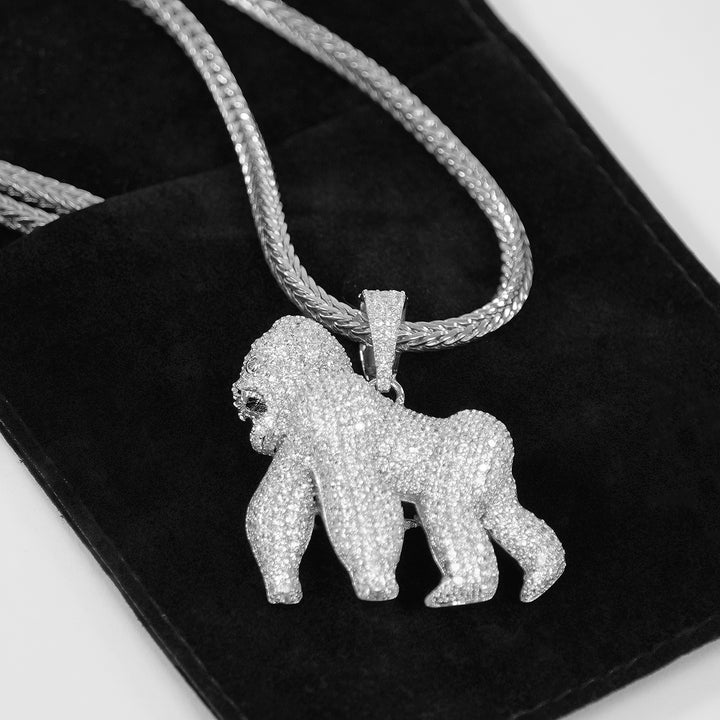 Iced Out Silver Gorilla Pendant with Chain Necklace