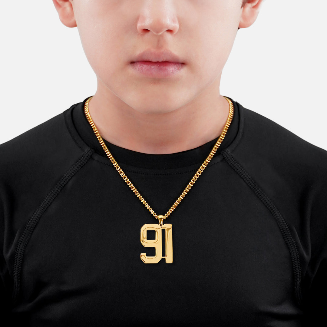 91 Number Pendant with Chain Kids Necklace - Gold Plated Stainless Steel