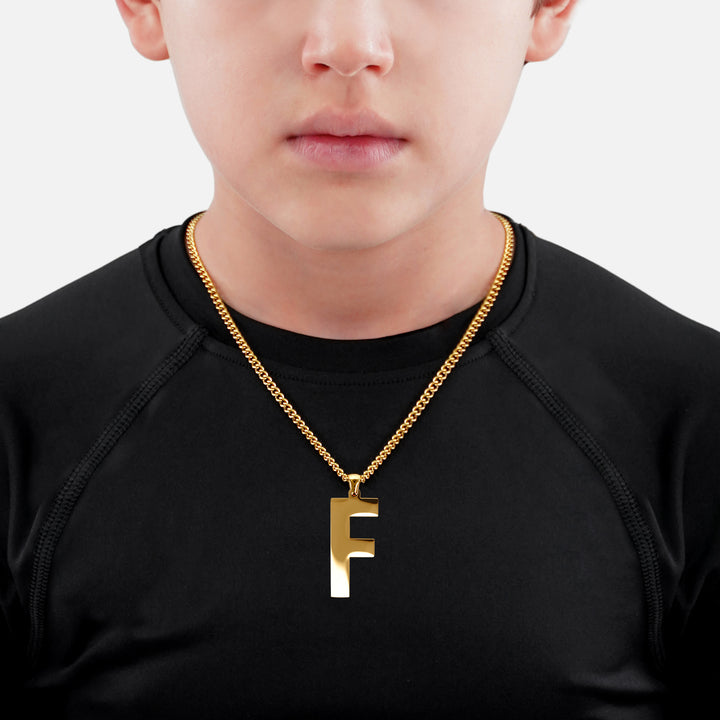 F Letter Pendant with Chain Kids Necklace - Gold Plated Stainless Steel