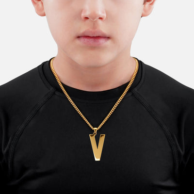 V Letter Pendant with Chain Kids Necklace - Gold Plated Stainless Steel