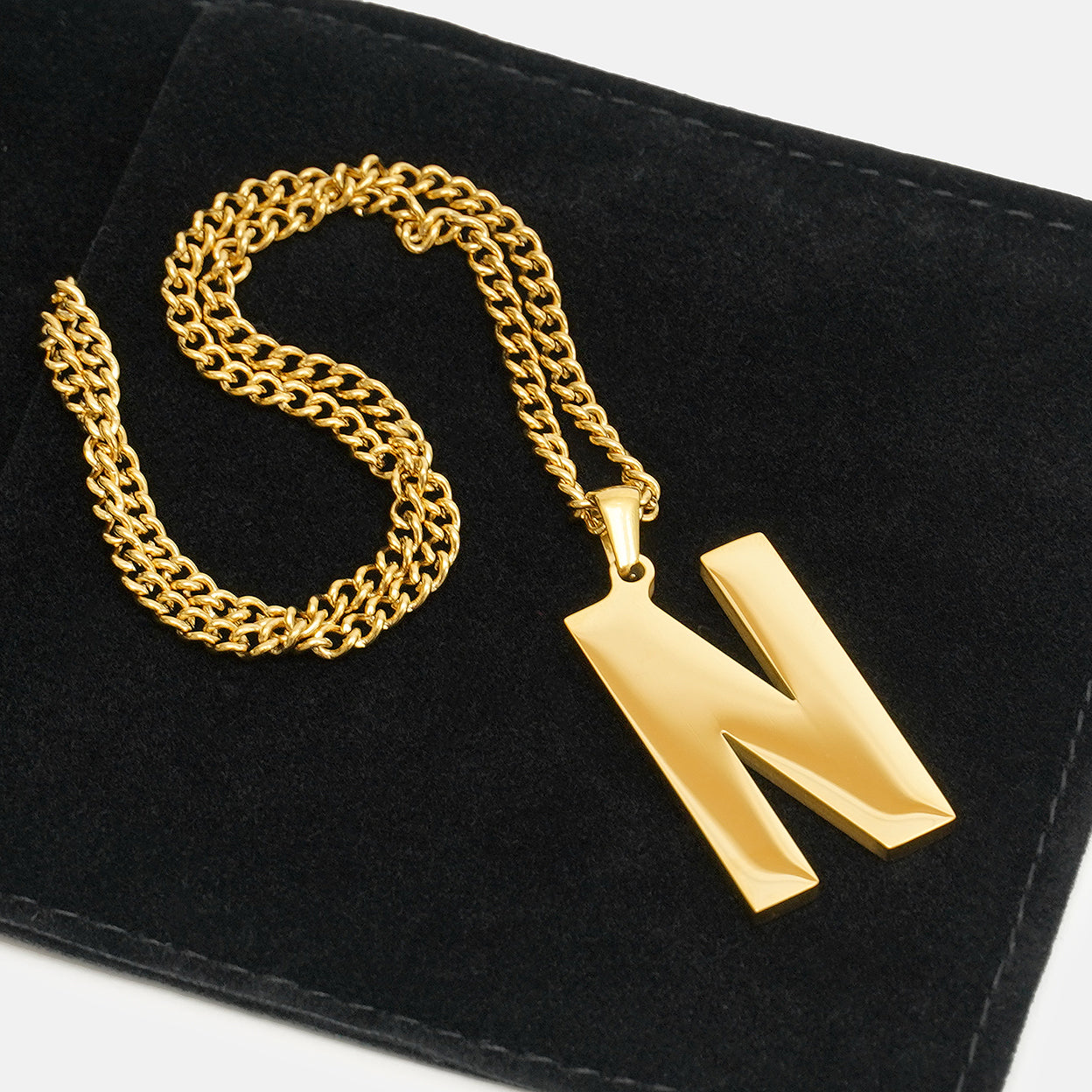 N Letter Pendant with Chain Necklace - Gold Plated Stainless Steel