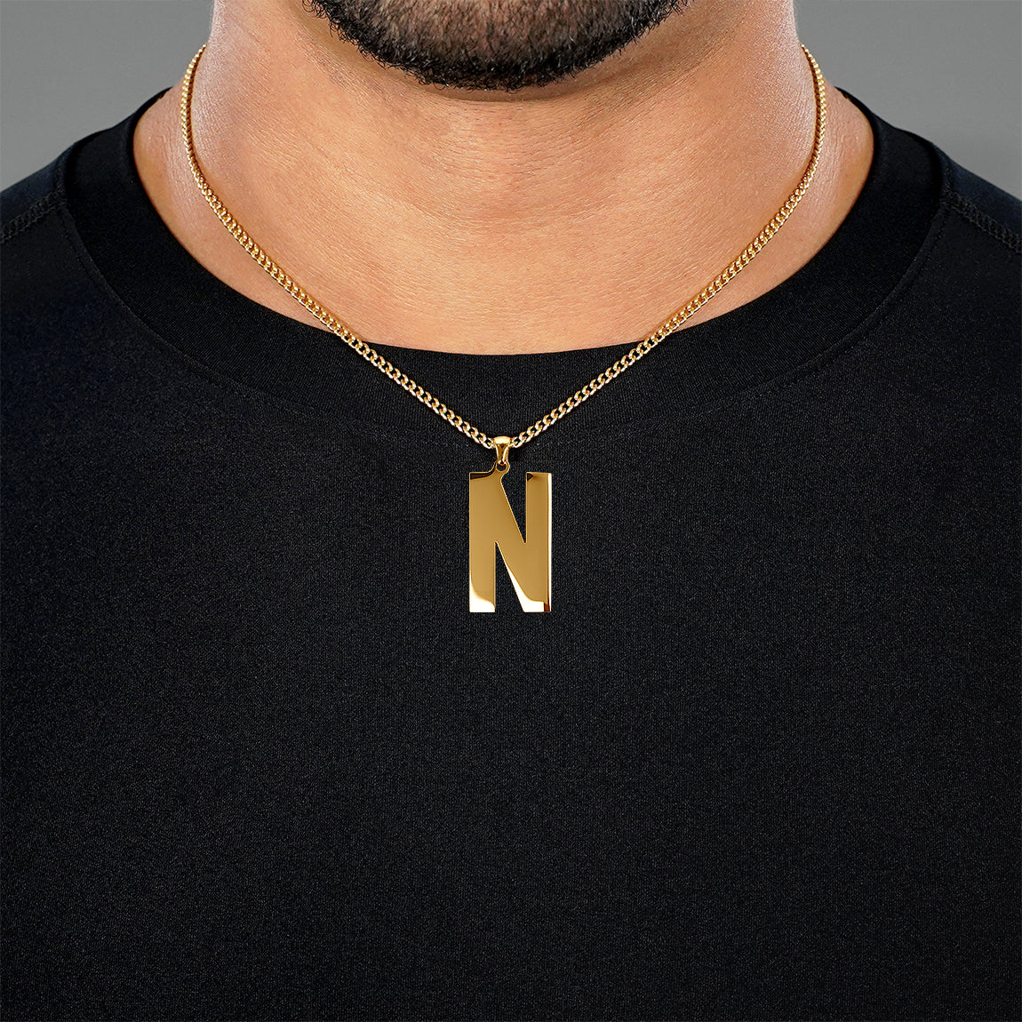 N Letter Pendant with Chain Necklace - Gold Plated Stainless Steel