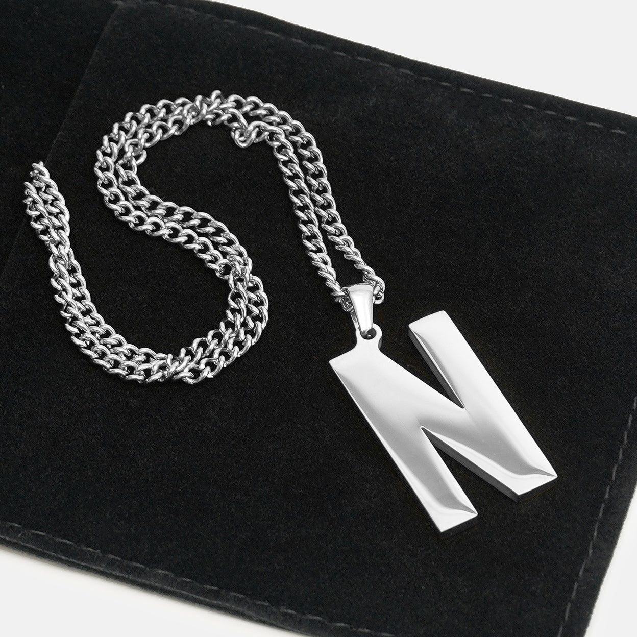 N Letter Pendant with Chain Necklace - Stainless Steel
