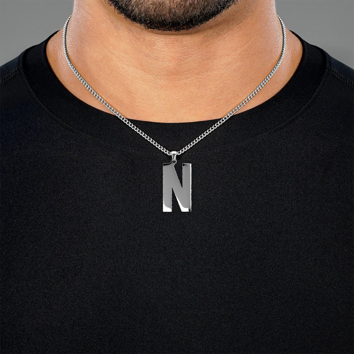 N Letter Pendant with Chain Necklace - Stainless Steel