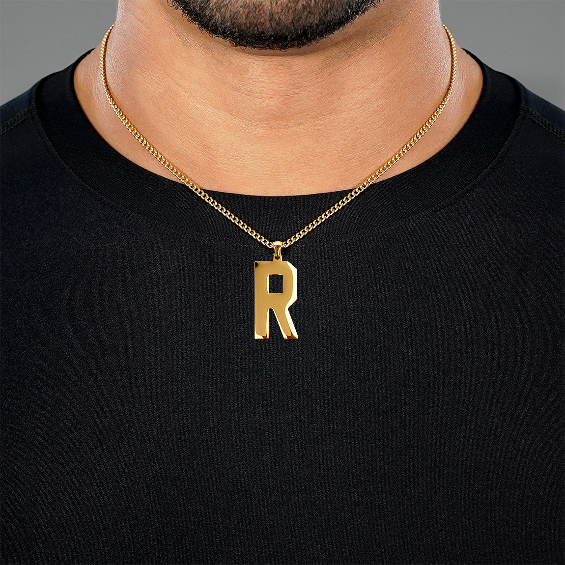 R Letter Pendant with Chain Necklace - Gold Plated Stainless Steel