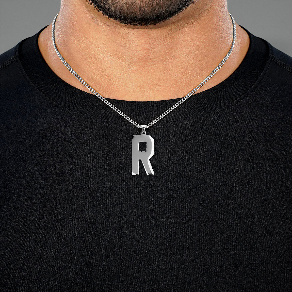 R Letter Pendant with Chain Necklace - Stainless Steel