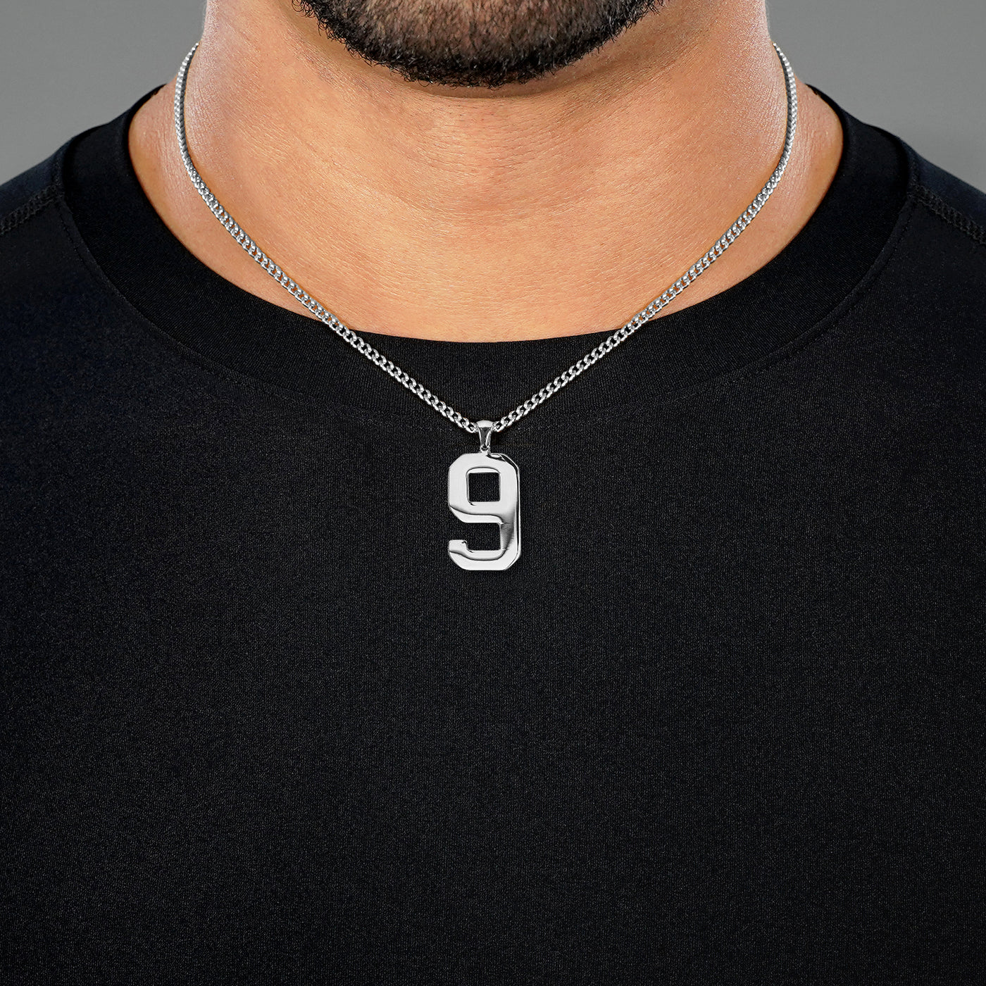 9 Number Pendant with Chain Necklace - Stainless Steel